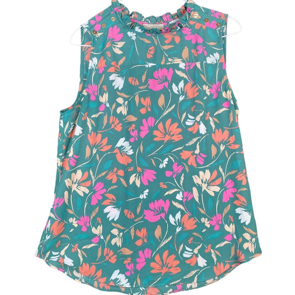LOFT Womens Blouse Green Floral Ruffled Mock Neck Button Accents Stretch M